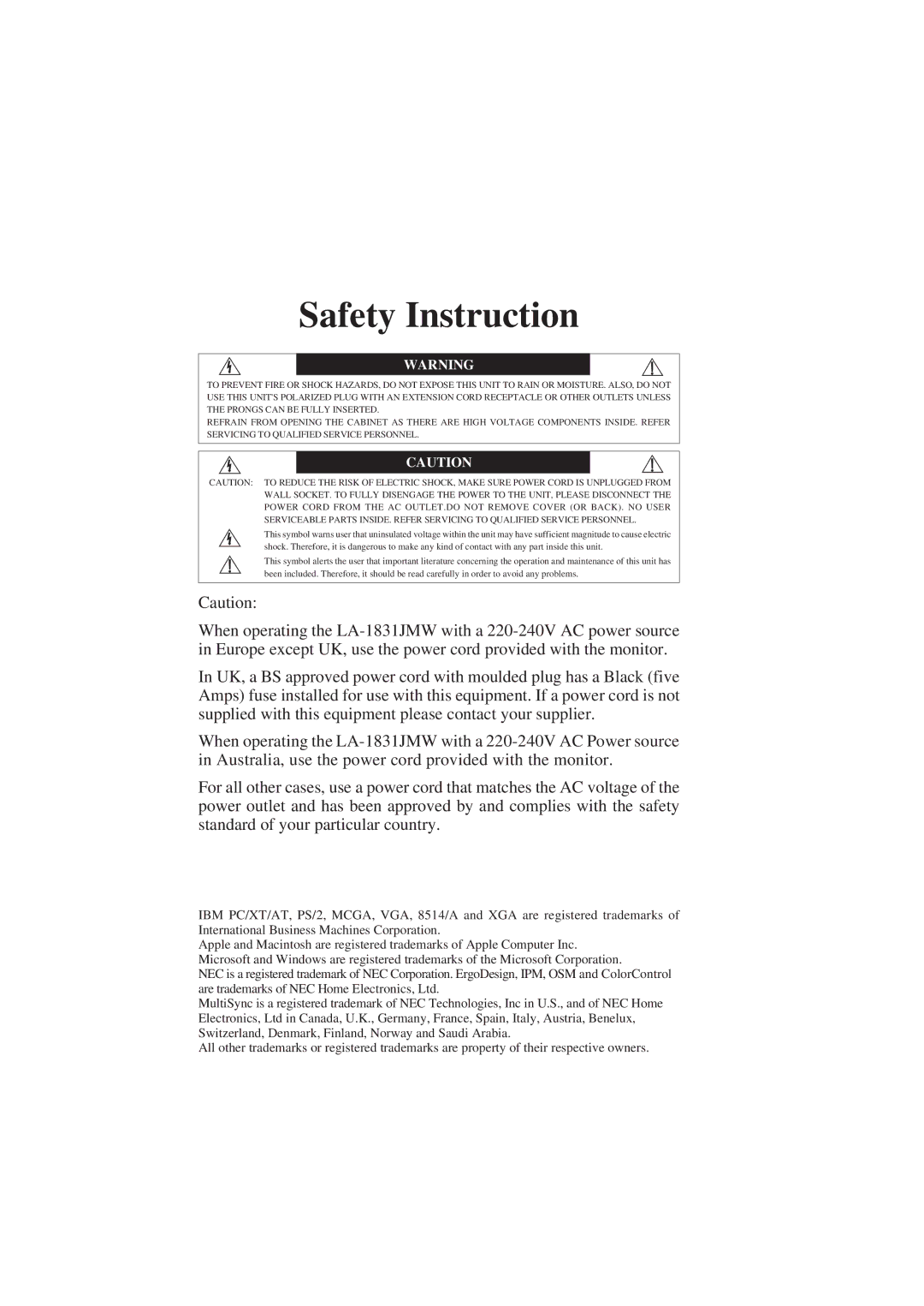 NEC 1810 user manual Safety Instruction 