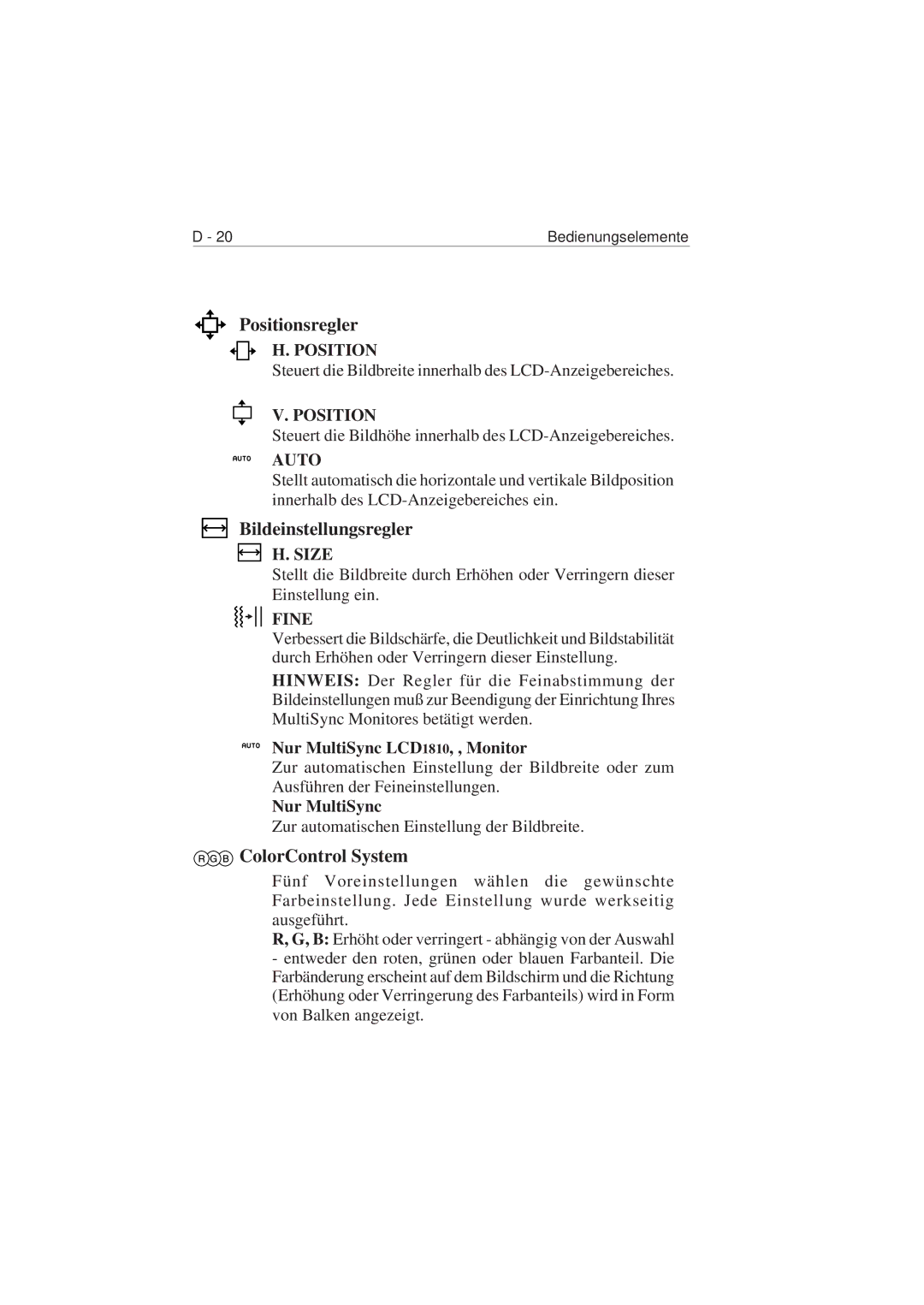 NEC 1810 user manual Positionsregler, Bildeinstellungsregler, ColorControl System 