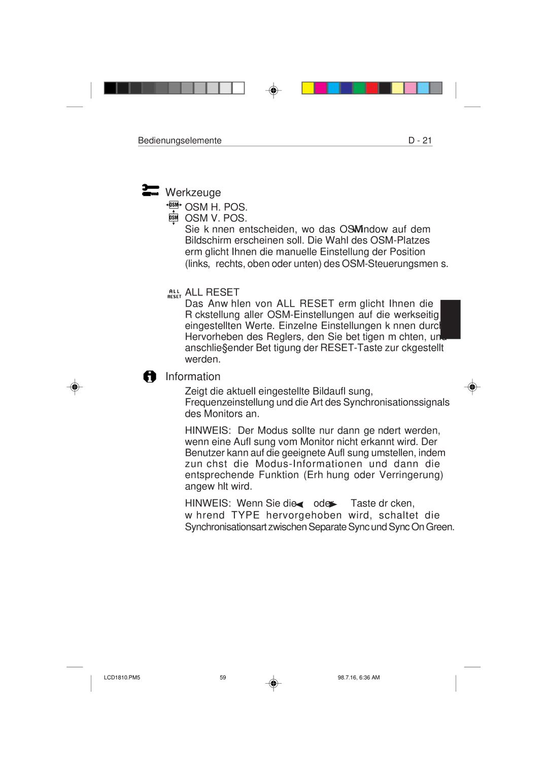 NEC 1810 user manual Werkzeuge, Information 