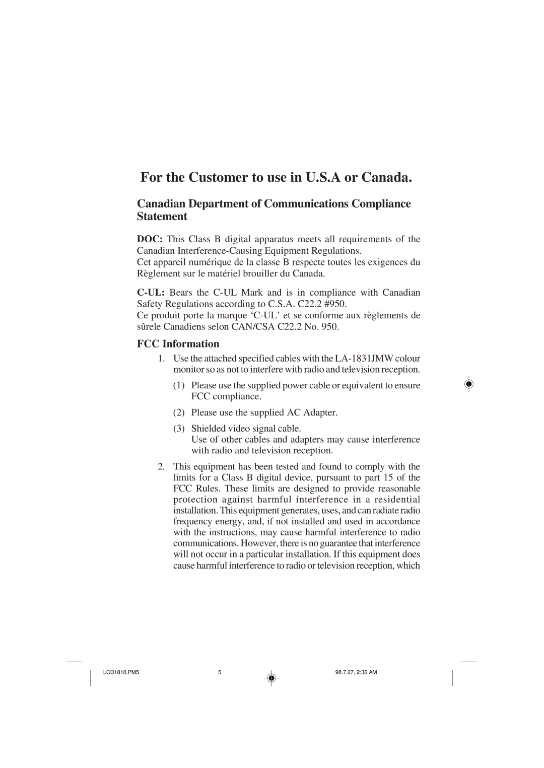 NEC 1810 user manual Canadian Department of Communications Compliance Statement, FCC Information 