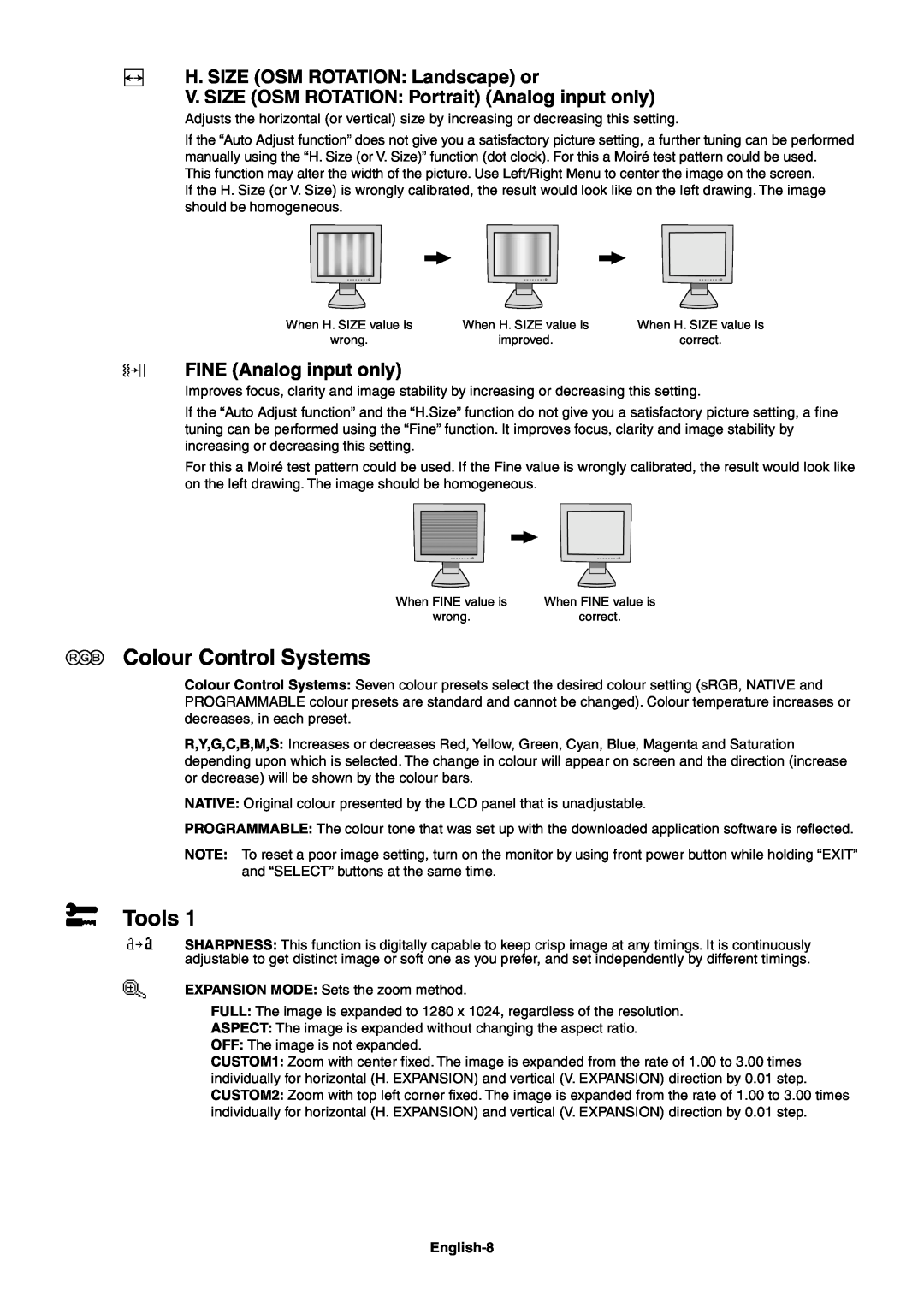 NEC 1980FXi user manual Colour Control Systems, Tools, H. SIZE OSM ROTATION Landscape or, FINE Analog input only, English-8 