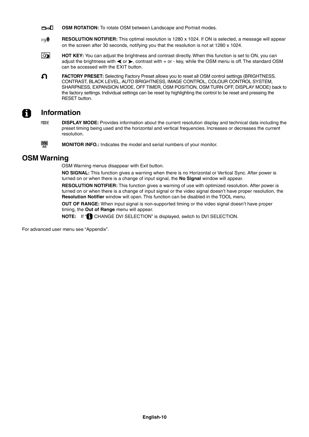NEC 1980FXi user manual Information, OSM Warning, English-10 