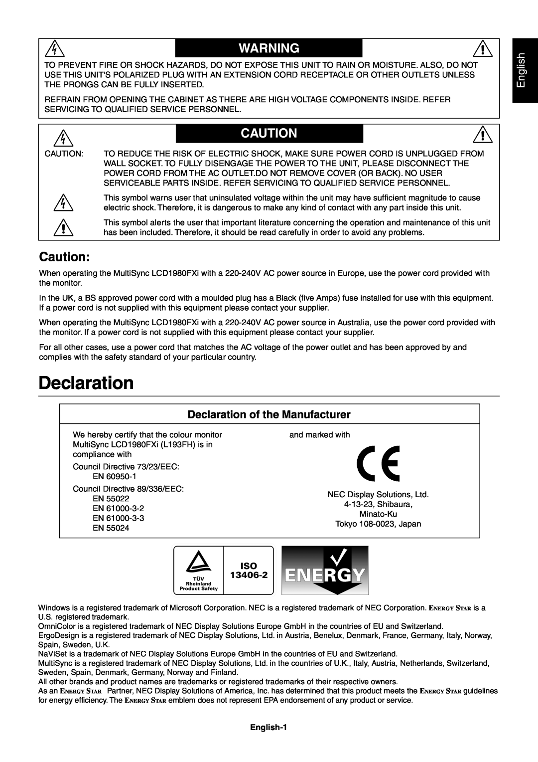 NEC 1980FXi user manual Declaration of the Manufacturer, English-1 