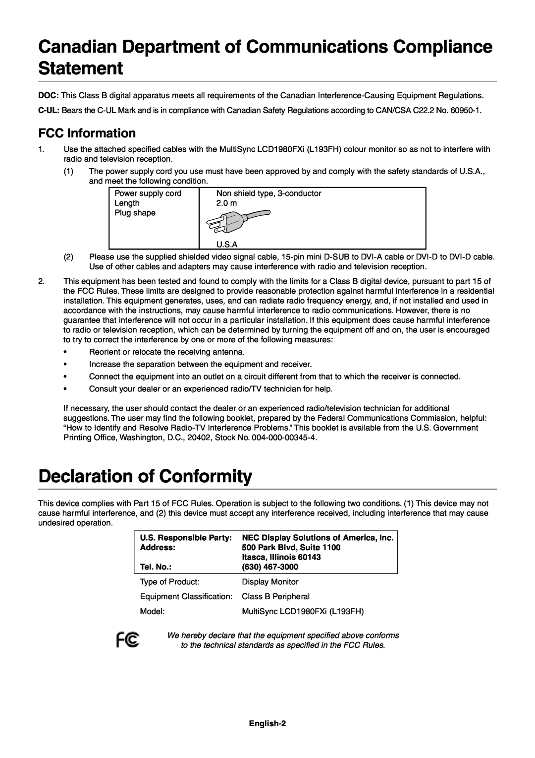 NEC 1980FXi Canadian Department of Communications Compliance Statement, Declaration of Conformity, FCC Information, Model 