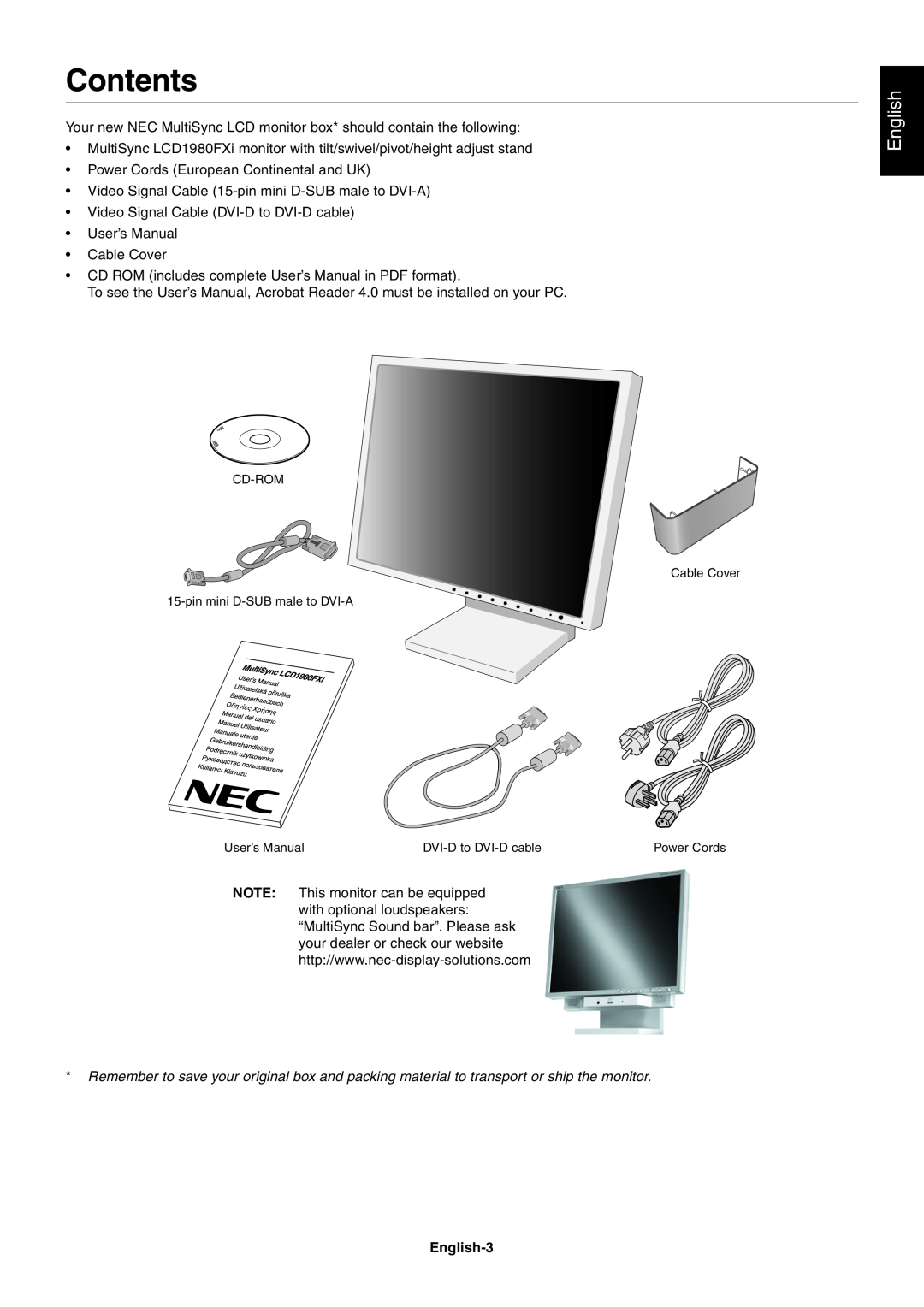 NEC 1980FXi user manual Contents, English-3 