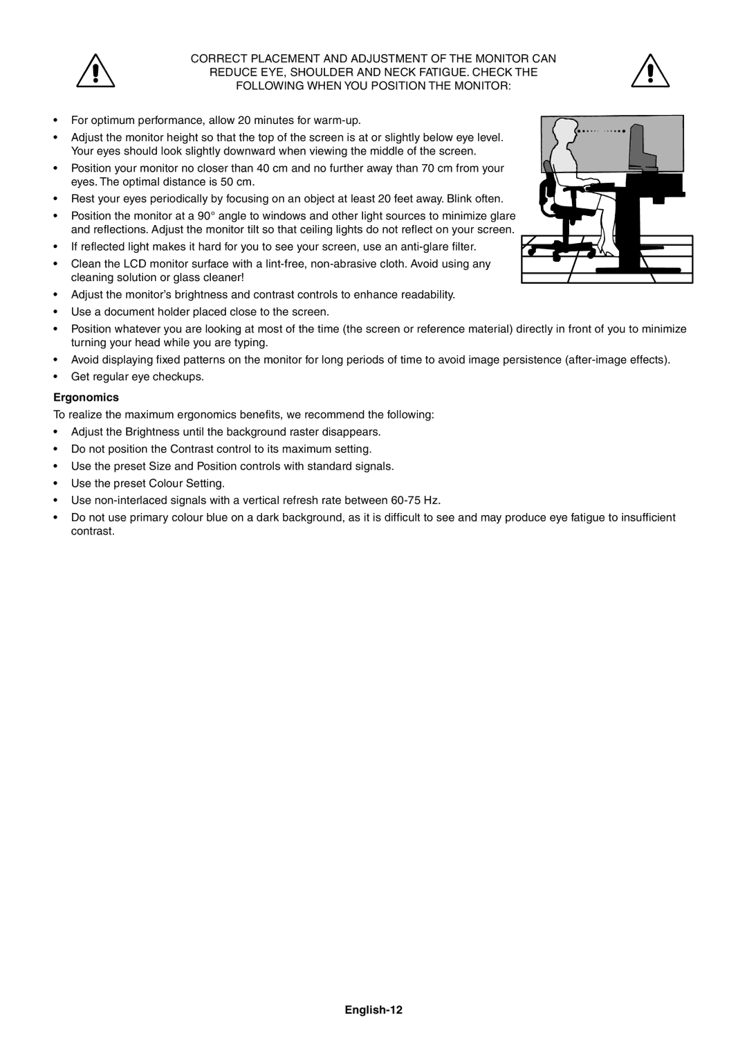 NEC 1980FXi user manual Ergonomics, English-12 