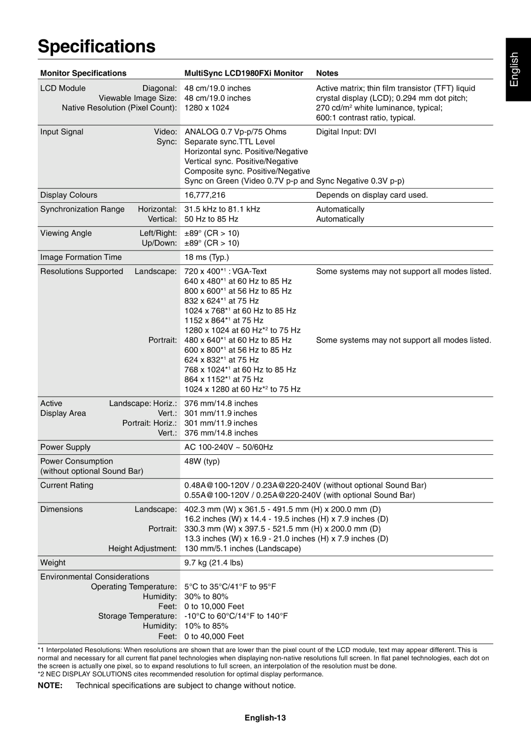 NEC user manual Monitor Specifications MultiSync LCD1980FXi Monitor, English-13 