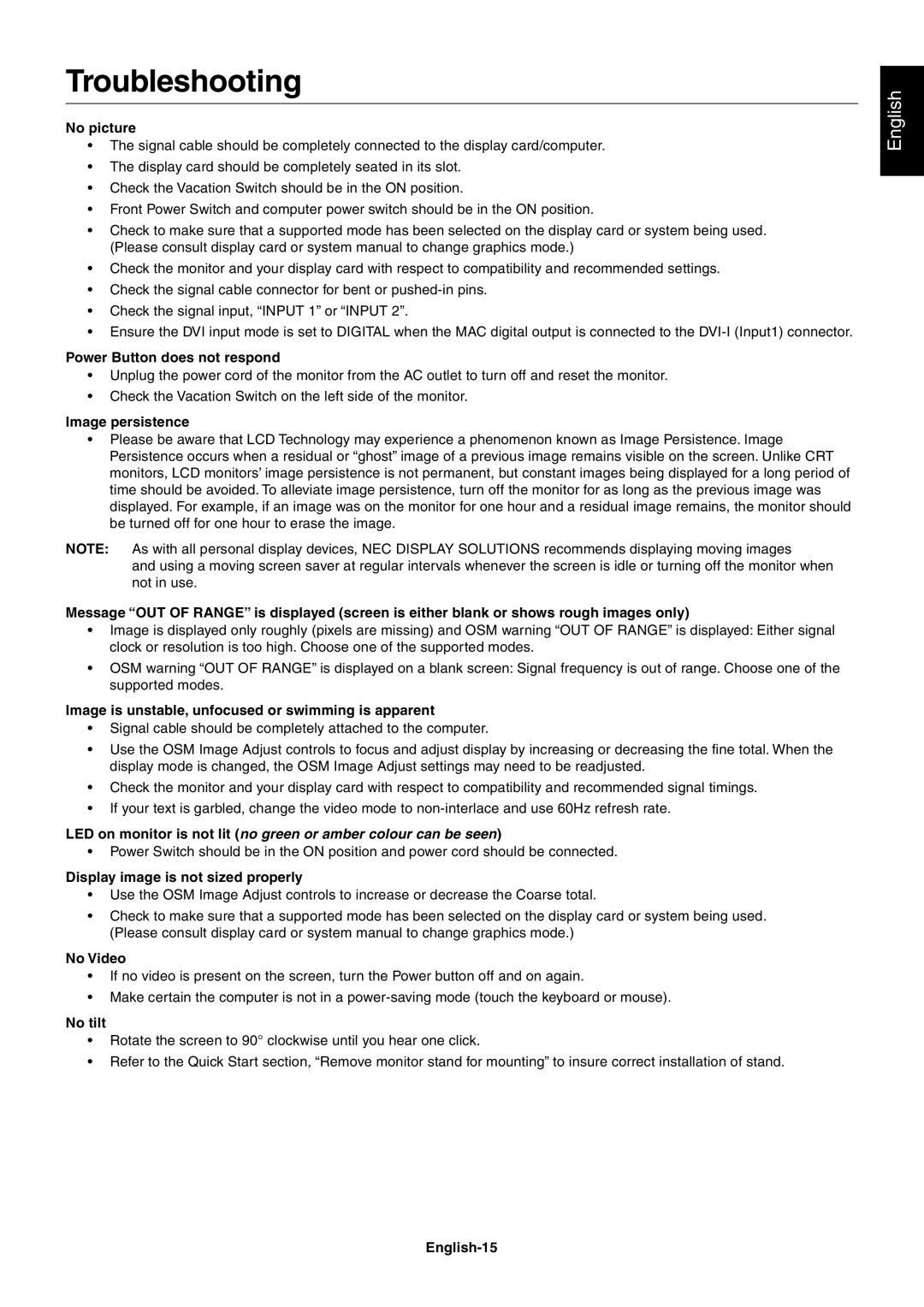 NEC 1980FXi user manual Troubleshooting 