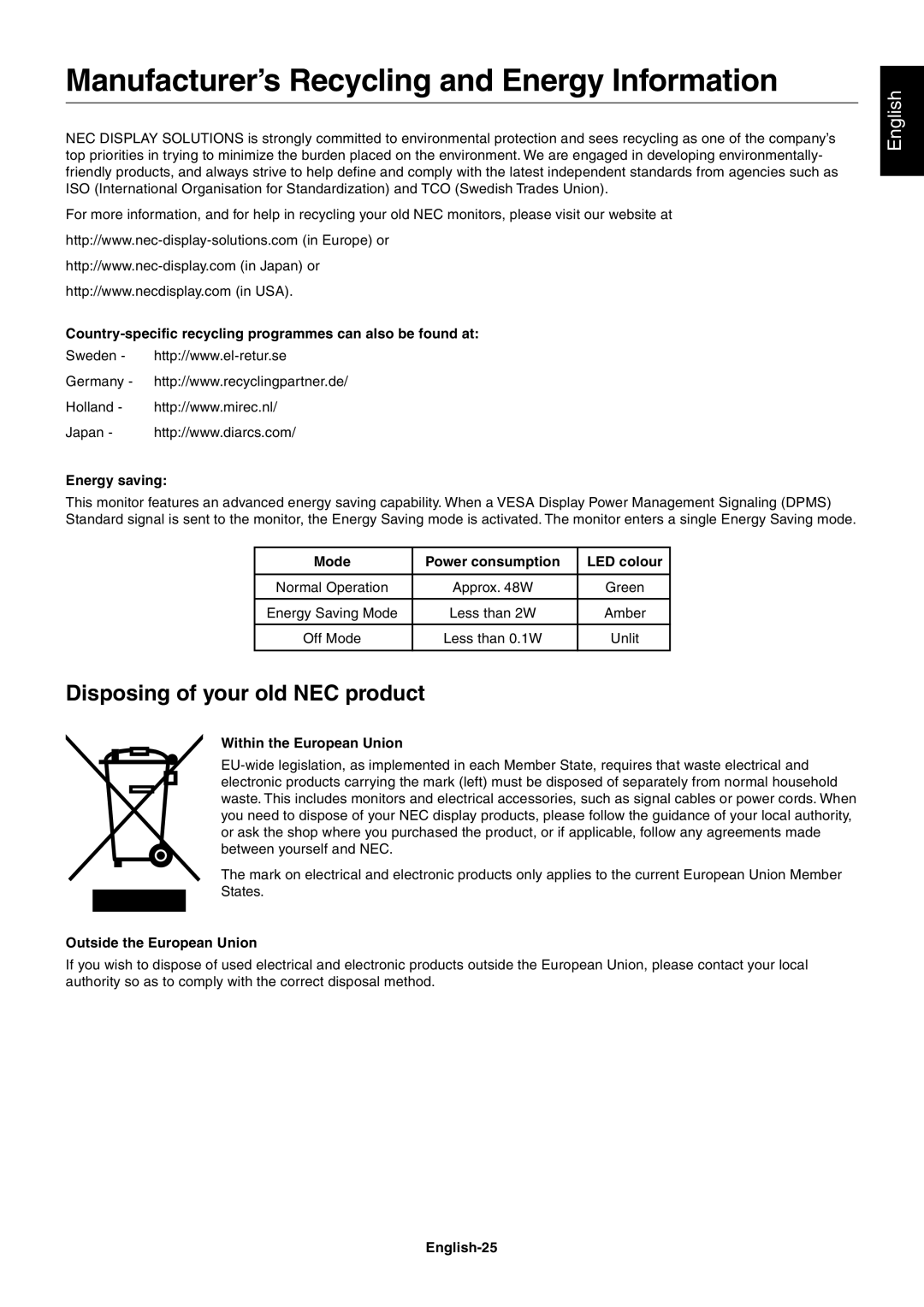 NEC 1980FXi user manual Manufacturer’s Recycling and Energy Information, Disposing of your old NEC product 