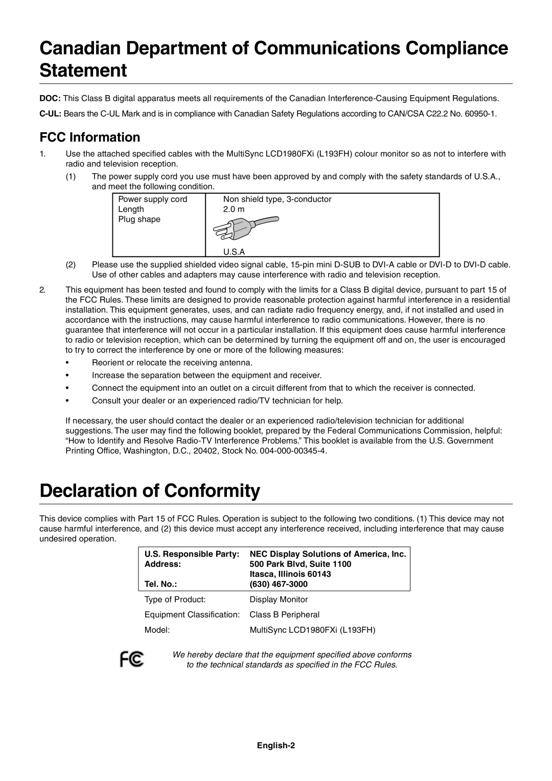 NEC 1980FXi Canadian Department of Communications Compliance Statement, Declaration of Conformity, FCC Information 