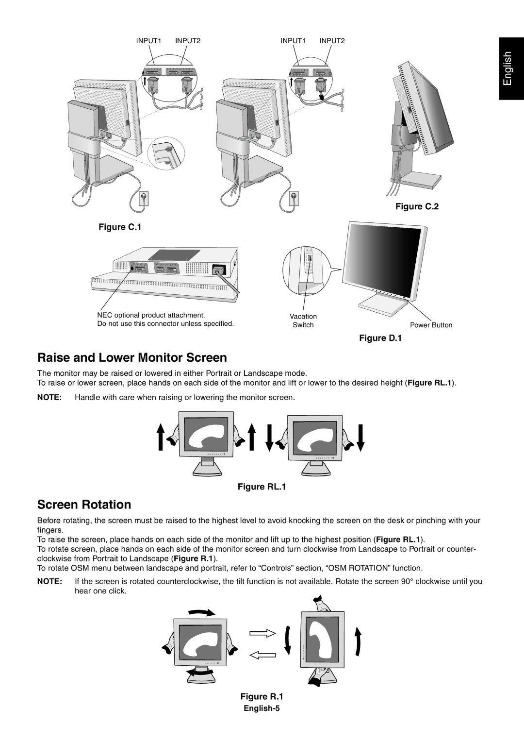 NEC 1980FXi user manual Raise and Lower Monitor Screen, Screen Rotation, English-5 