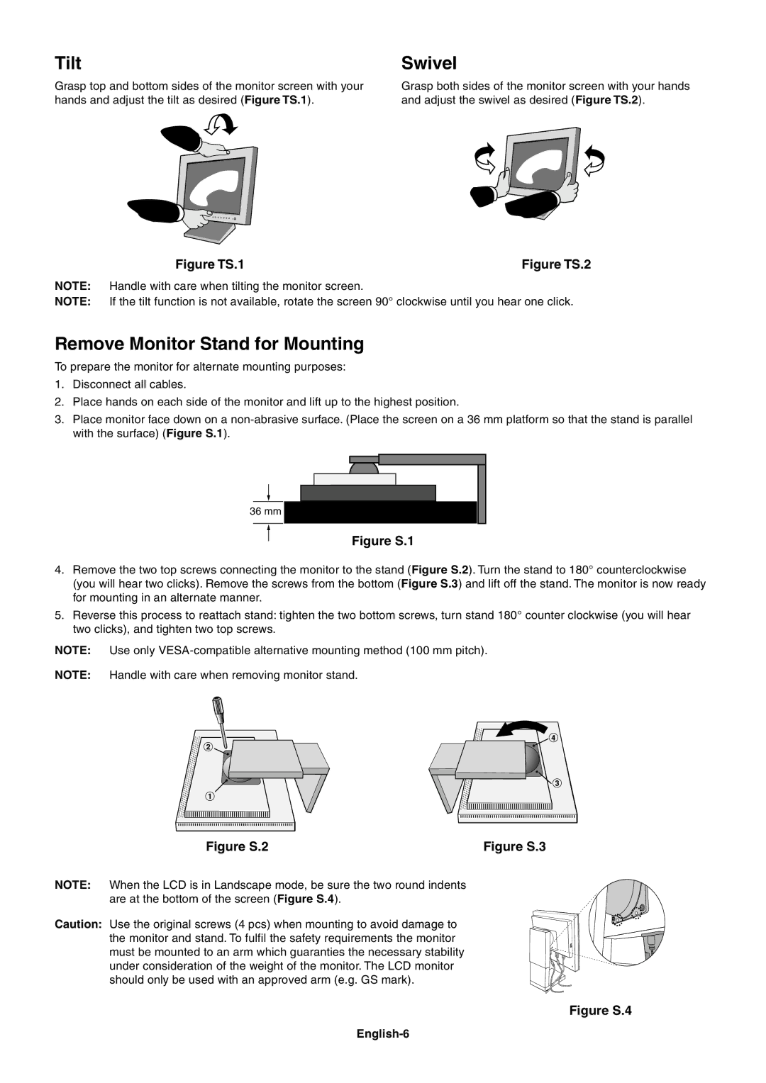 NEC 1980FXi user manual Tilt, Swivel, Remove Monitor Stand for Mounting, English-6 