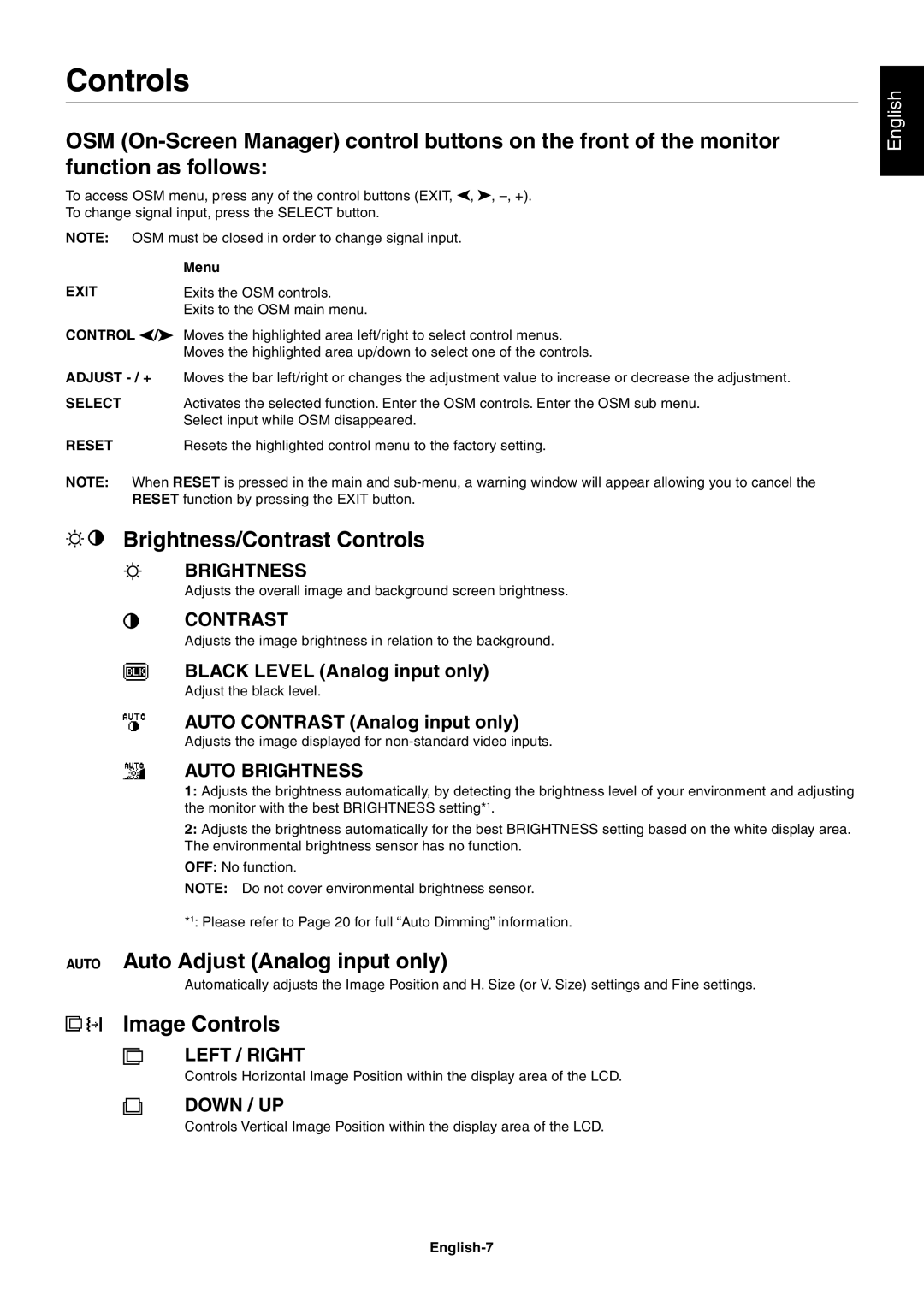 NEC 1980FXi user manual Brightness/Contrast Controls, Auto Adjust Analog input only, Image Controls 