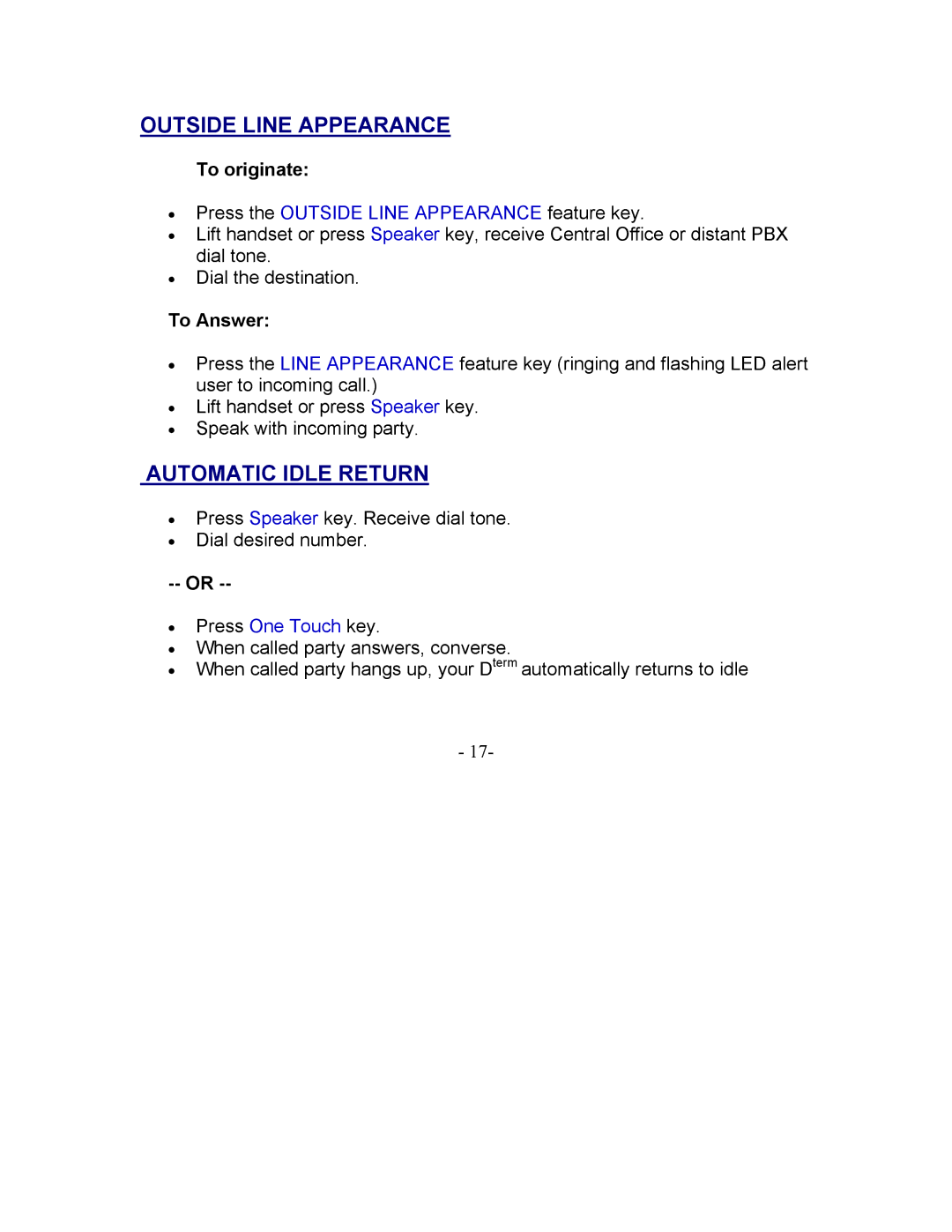 NEC 2000 IPS manual Outside Line Appearance, Automatic Idle Return, To originate, To Answer 