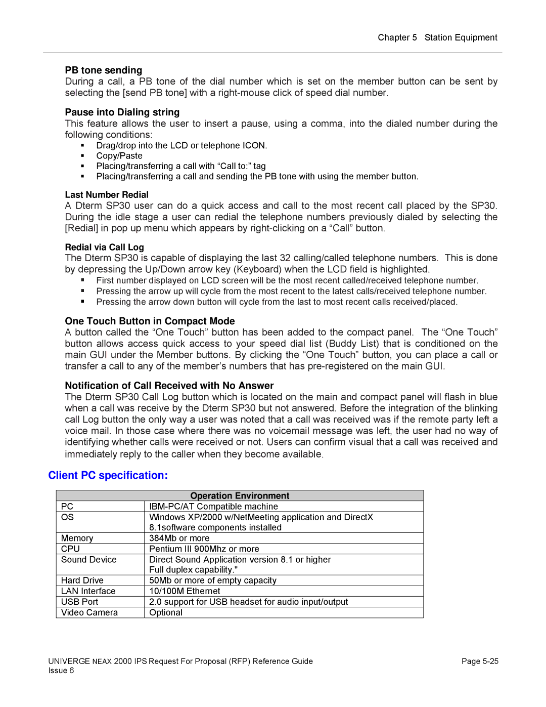 NEC 2000 IPS manual Client PC specification, PB tone sending, Pause into Dialing string, One Touch Button in Compact Mode 