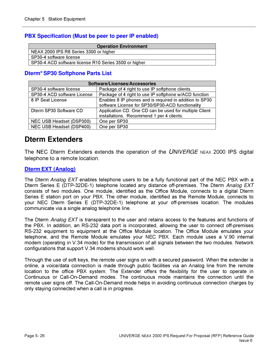 NEC 2000 IPS manual Dterm Extenders, PBX Specification Must be peer to peer IP enabled, Dterm SP30 Softphone Parts List 