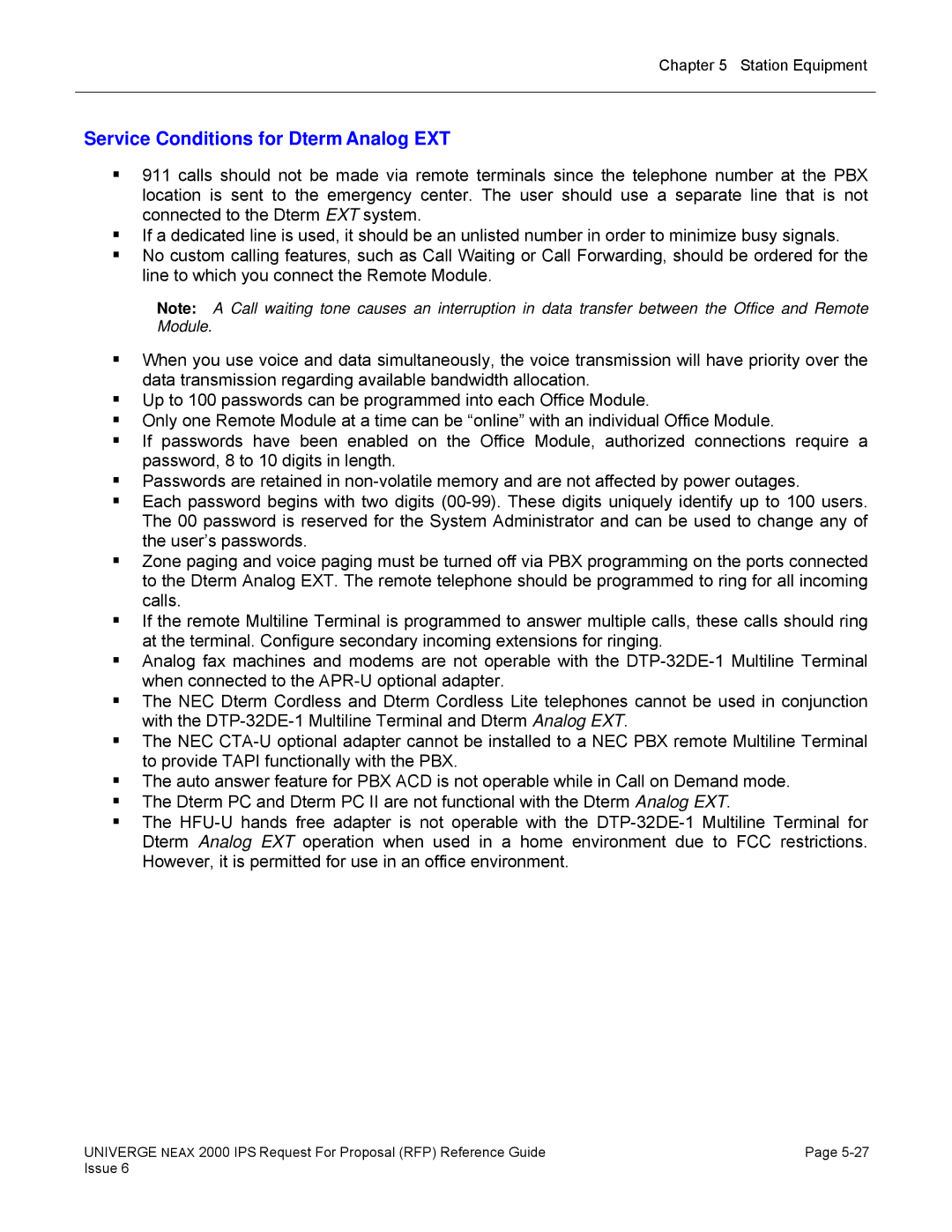 NEC 2000 IPS manual Service Conditions for Dterm Analog EXT 