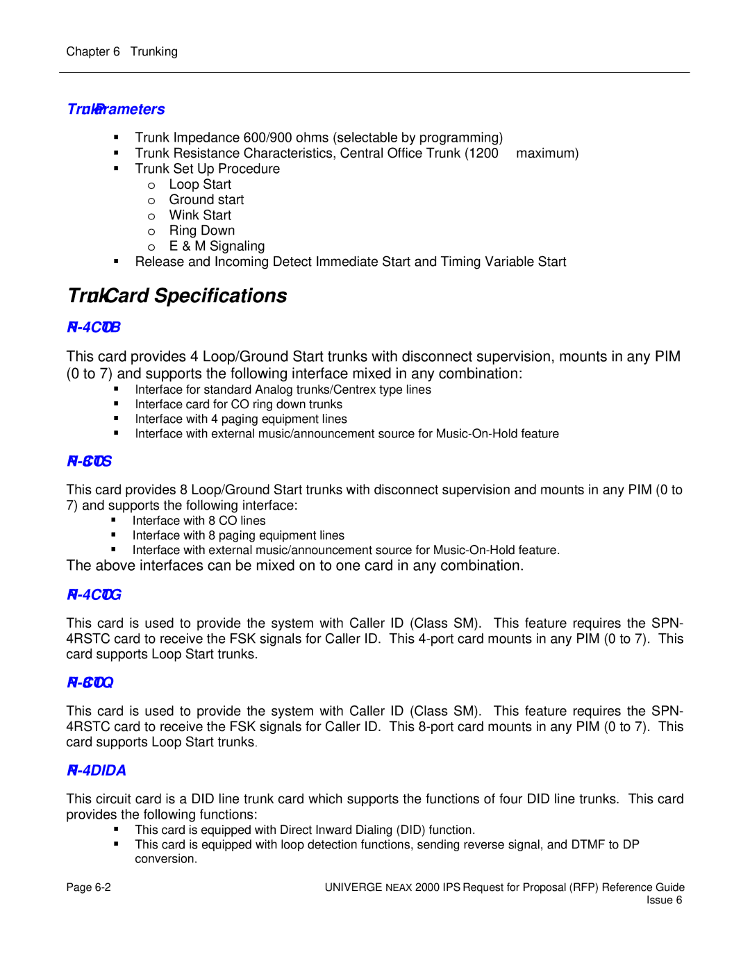 NEC 2000 IPS manual Trunk Card Specifications, Trunk Parameters 