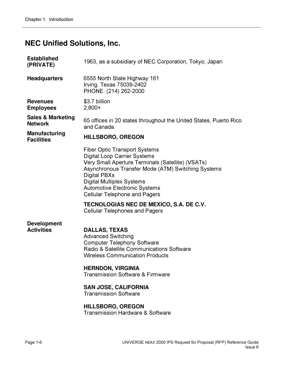 NEC 2000 IPS manual NEC Unified Solutions, Inc, Development ActivitiesDALLAS, Texas 