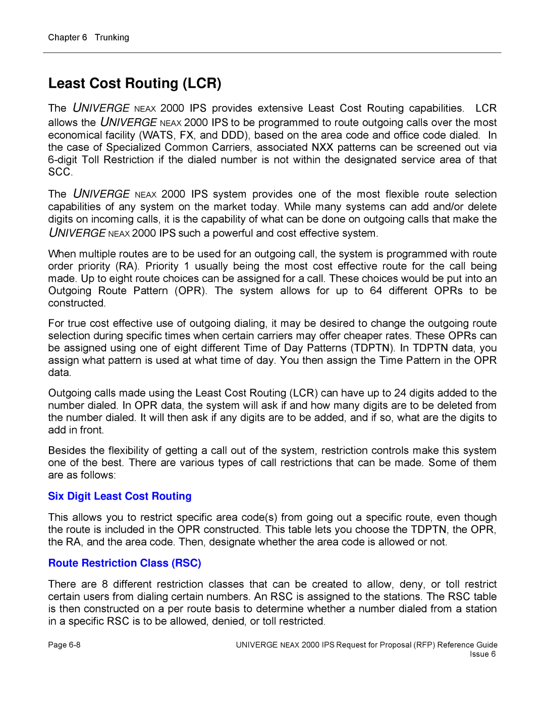 NEC 2000 IPS manual Least Cost Routing LCR, Six Digit Least Cost Routing, Route Restriction Class RSC 