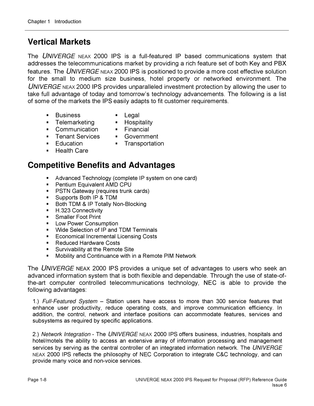 NEC 2000 IPS manual Vertical Markets, Competitive Benefits and Advantages 