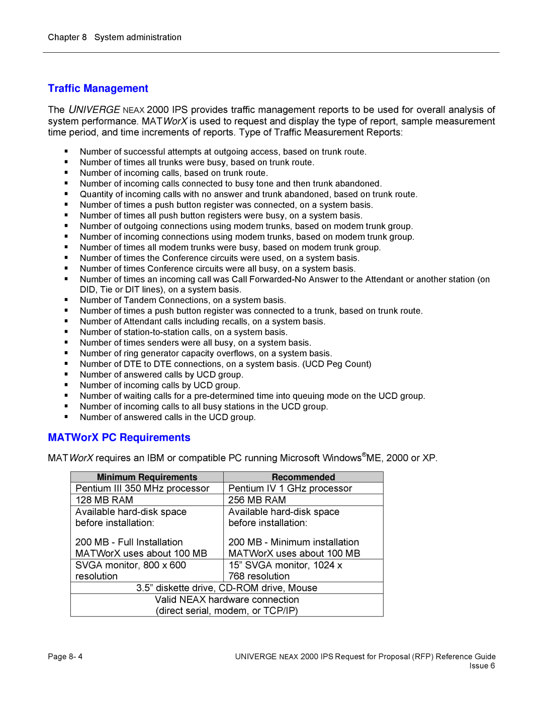 NEC 2000 IPS manual Traffic Management, MATWorX PC Requirements, Minimum Requirements Recommended 