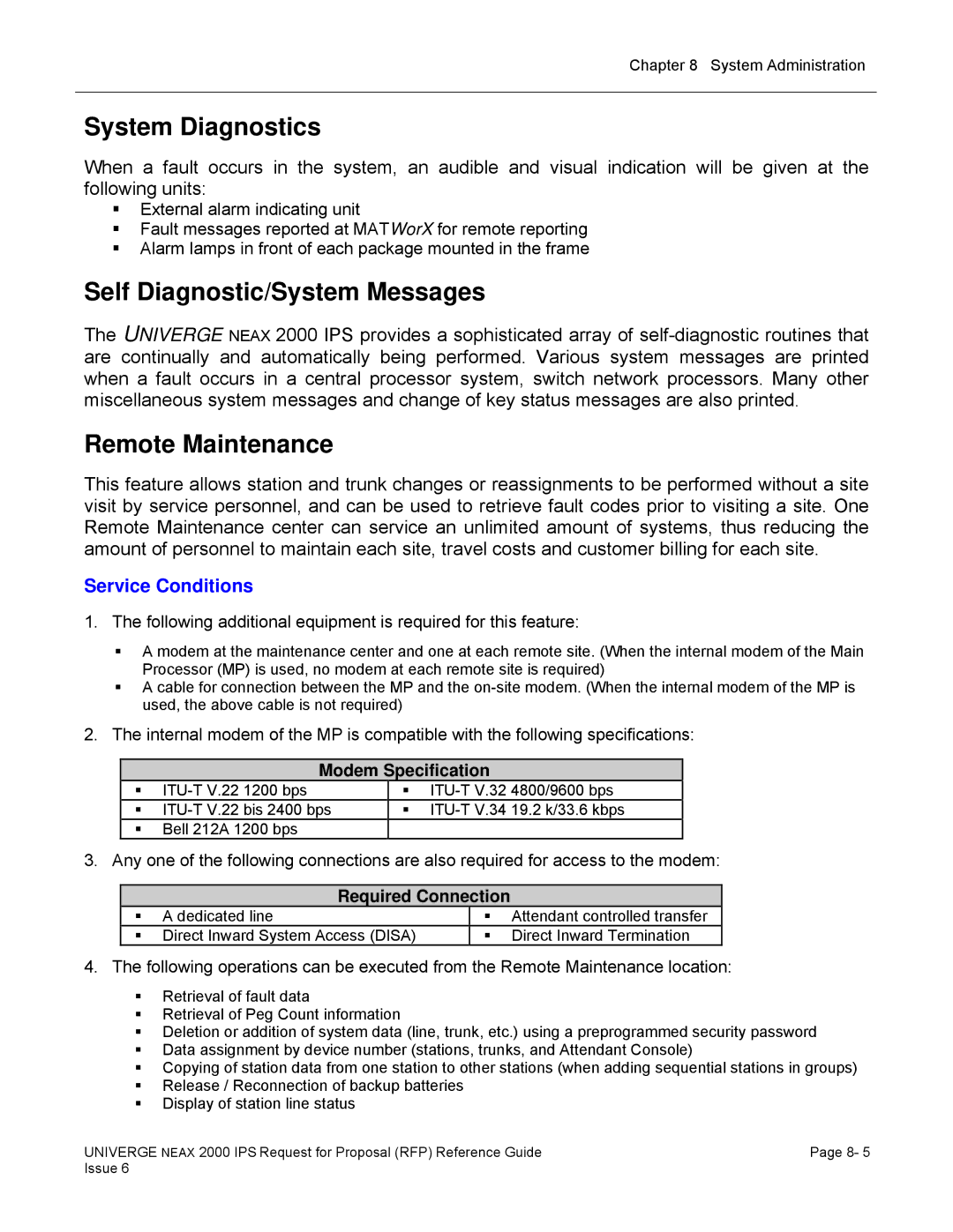 NEC 2000 IPS manual System Diagnostics, Self Diagnostic/System Messages, Remote Maintenance, Service Conditions 