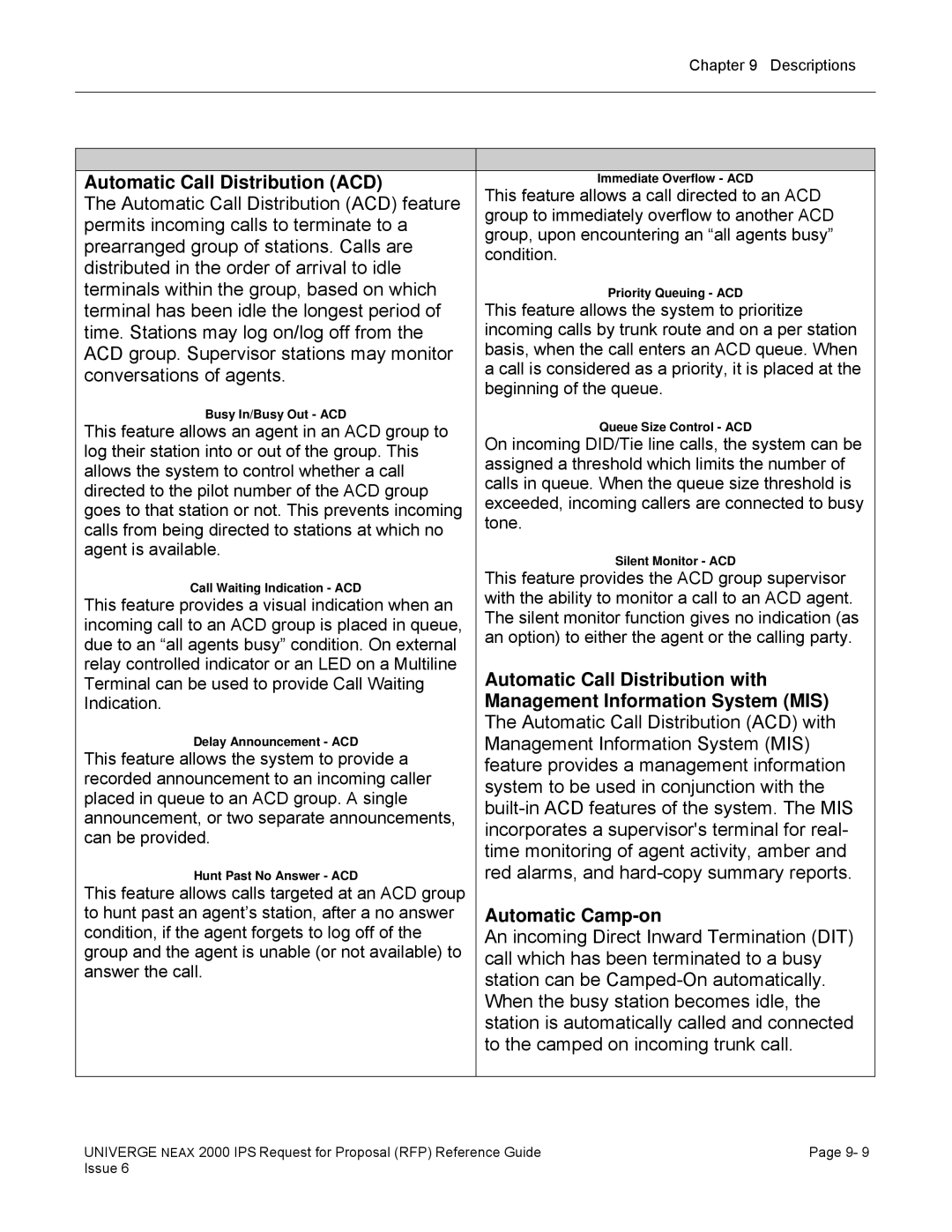 NEC 2000 IPS manual Automatic Call Distribution ACD, Automatic Camp-on 