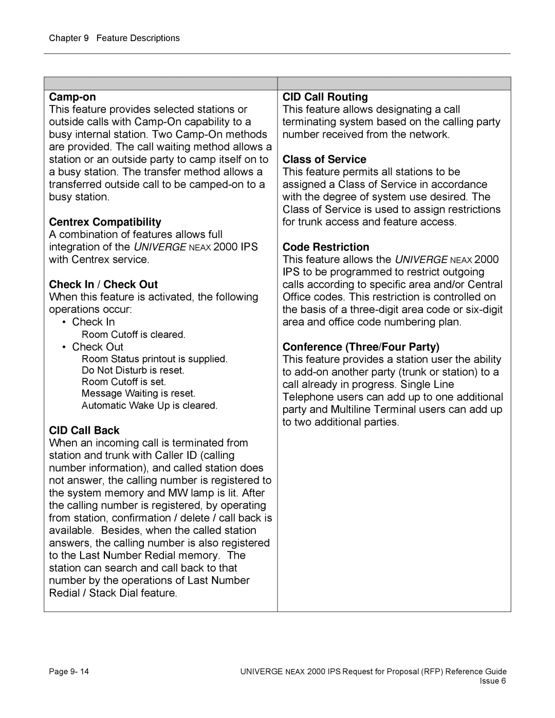 NEC 2000 IPS manual Camp-on, Centrex Compatibility, Check In / Check Out, CID Call Back, CID Call Routing, Class of Service 