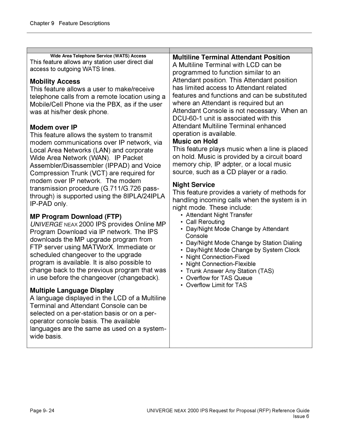 NEC 2000 IPS manual Mobility Access, Modem over IP, MP Program Download FTP, Multiple Language Display, Music on Hold 