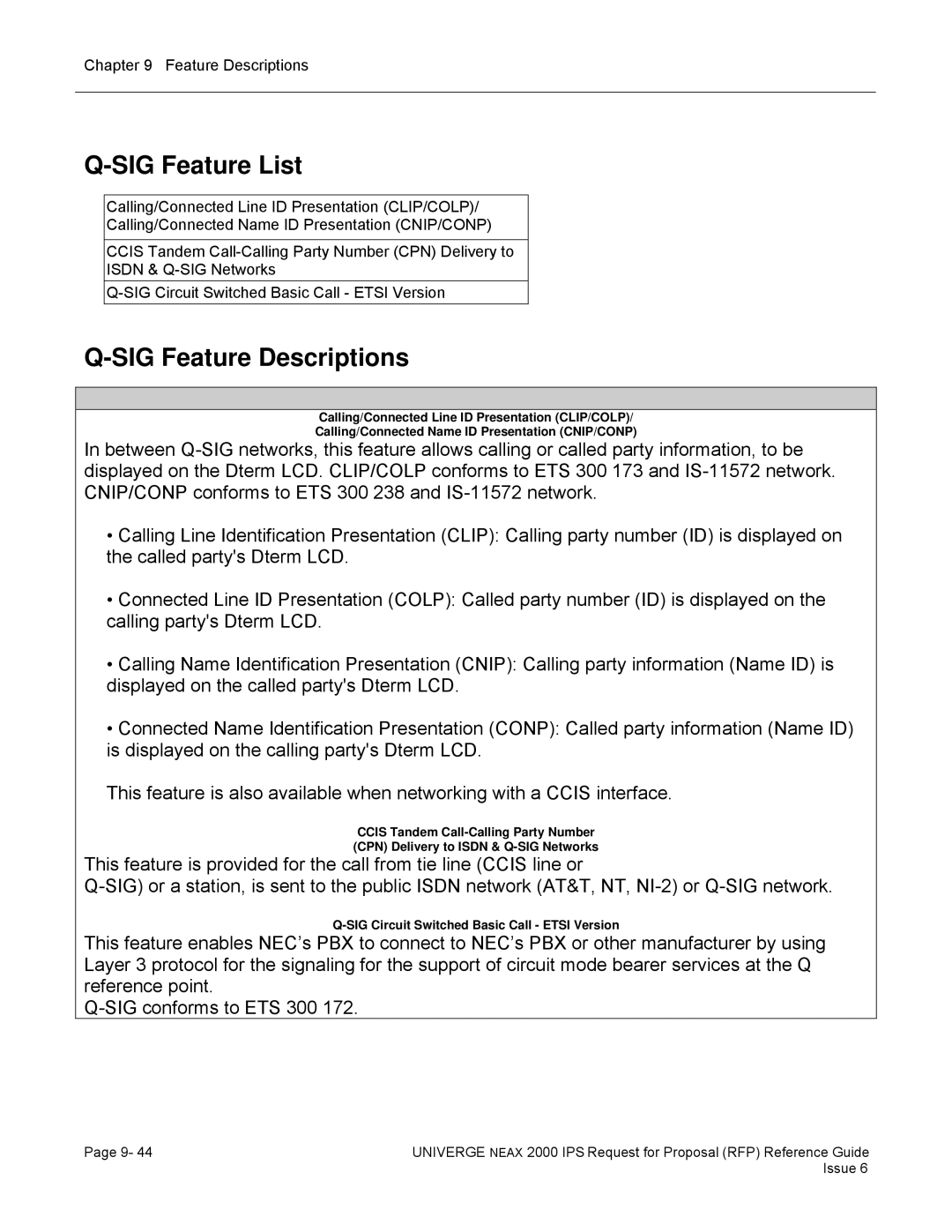 NEC 2000 IPS manual SIG Feature List, SIG Feature Descriptions 