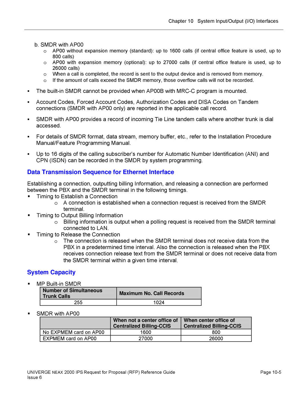 NEC 2000 IPS manual Data Transmission Sequence for Ethernet Interface, System Capacity 