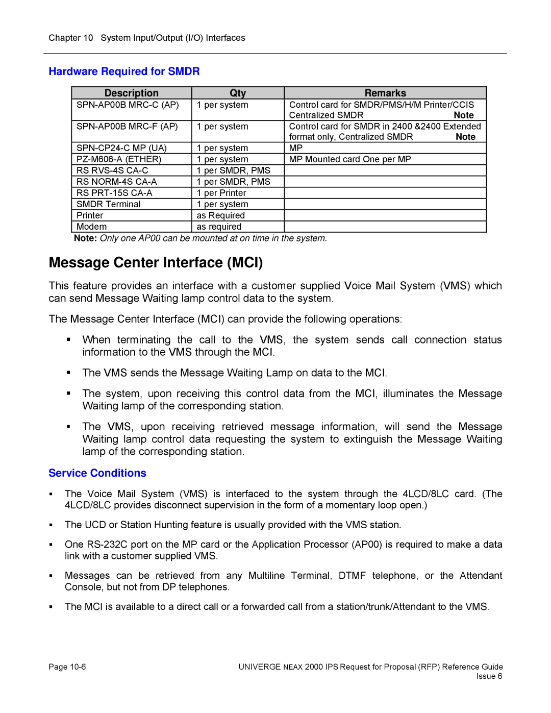 NEC 2000 IPS manual Message Center Interface MCI, Hardware Required for Smdr, Description Qty Remarks 