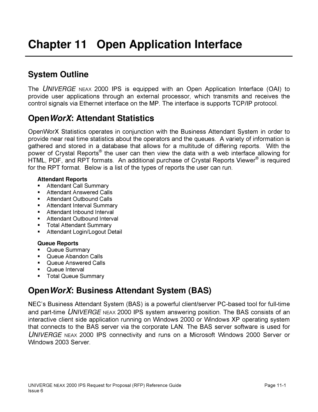 NEC 2000 IPS manual Open Application Interface, System Outline, OpenWorX Attendant Statistics 