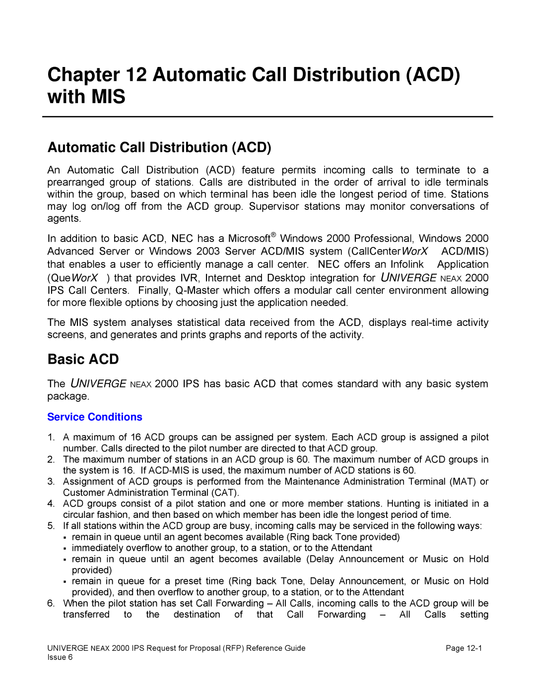 NEC 2000 IPS manual Automatic Call Distribution ACD with MIS, Basic ACD 