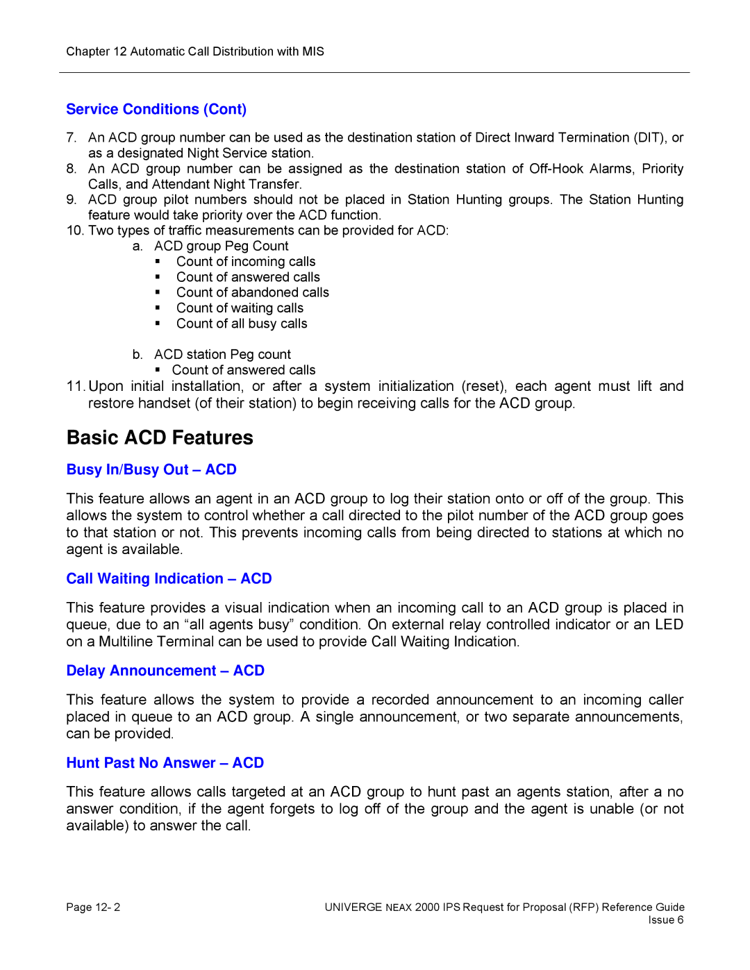 NEC 2000 IPS manual Basic ACD Features, Busy In/Busy Out ACD, Call Waiting Indication ACD, Delay Announcement ACD 