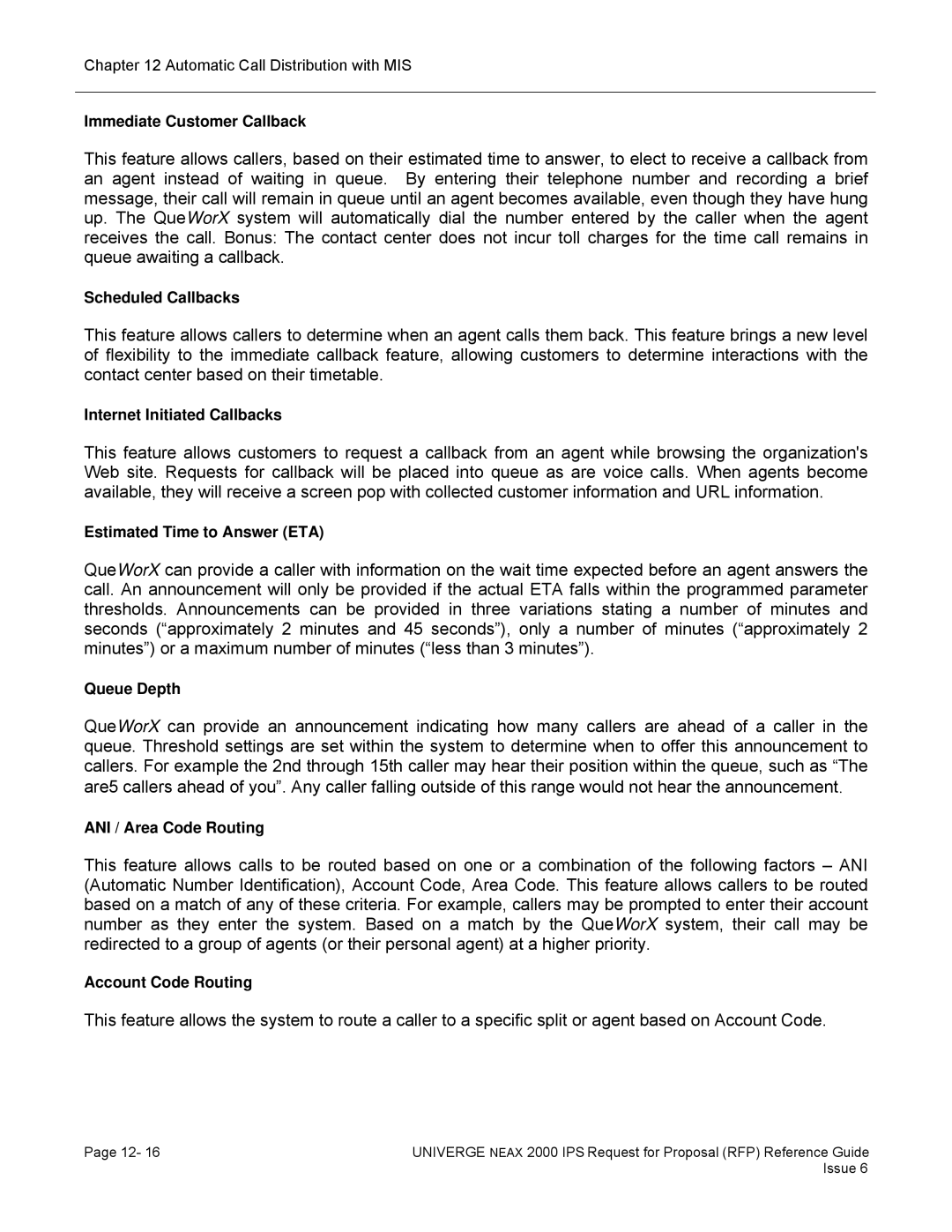 NEC 2000 IPS Immediate Customer Callback, Scheduled Callbacks, Internet Initiated Callbacks, Estimated Time to Answer ETA 