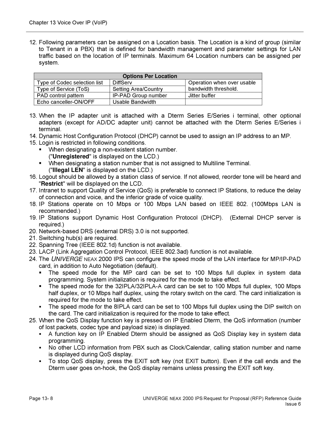 NEC 2000 IPS manual Options Per Location 