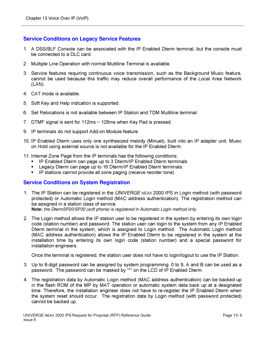 NEC 2000 IPS manual Service Conditions on Legacy Service Features, Service Conditions on System Registration 