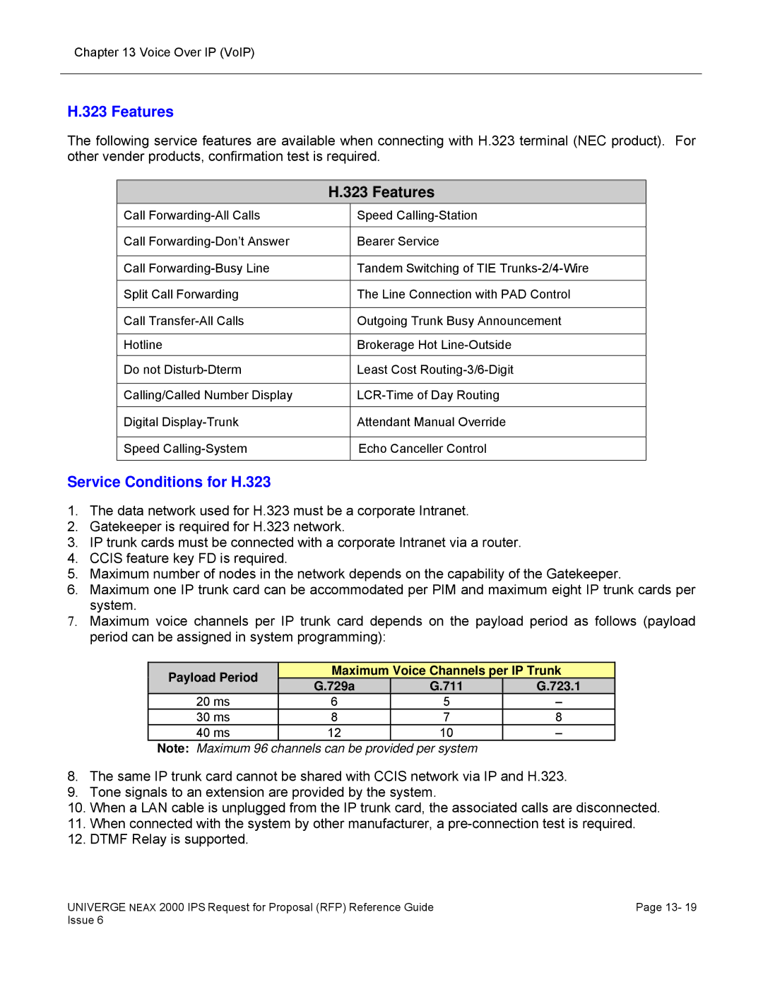 NEC 2000 IPS manual Features, Service Conditions for H.323 