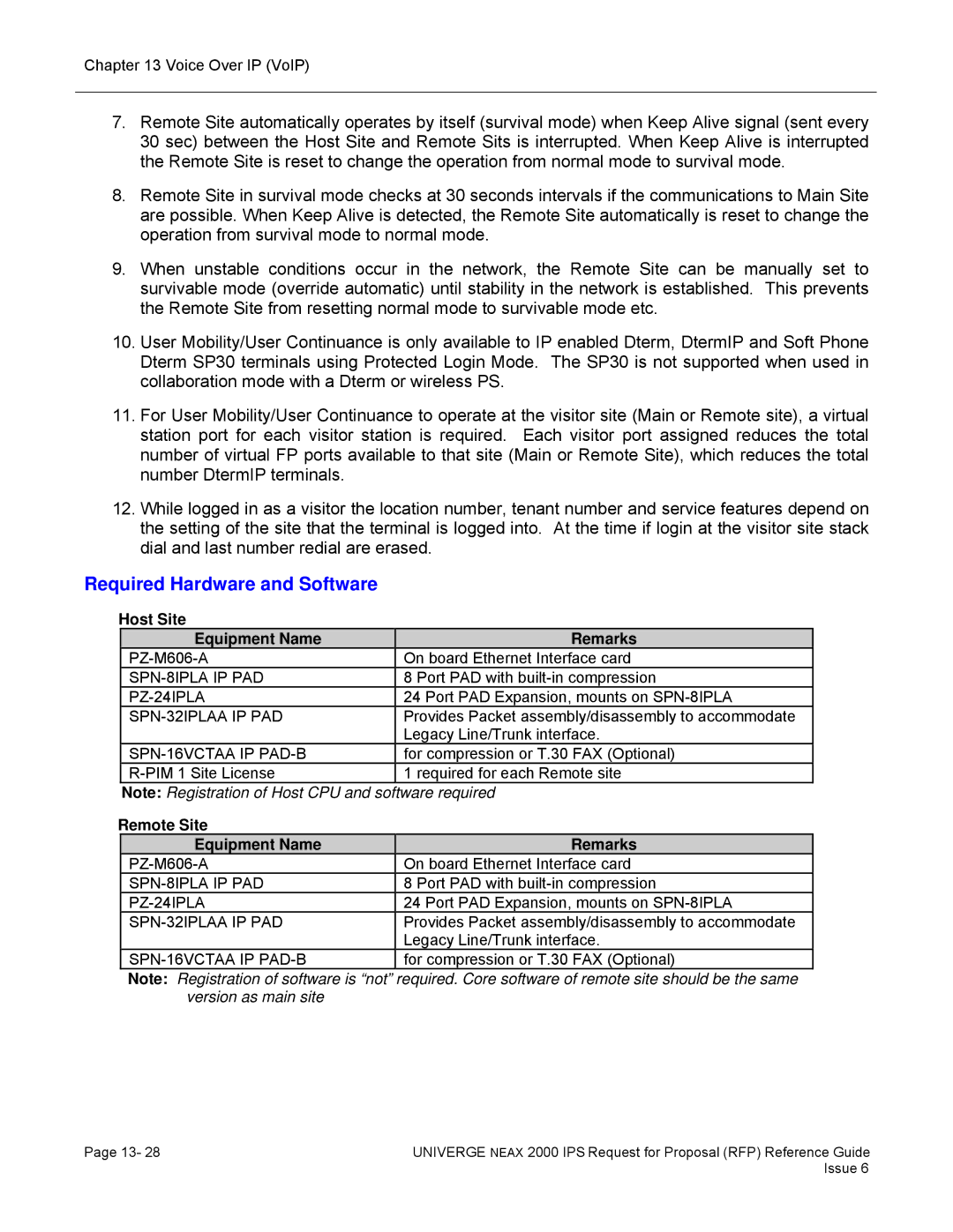 NEC 2000 IPS manual Required Hardware and Software, Host Site Equipment Name Remarks, Remote Site Equipment Name Remarks 