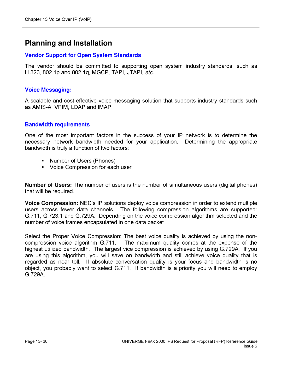 NEC 2000 IPS Planning and Installation, Vendor Support for Open System Standards, Voice Messaging, Bandwidth requirements 