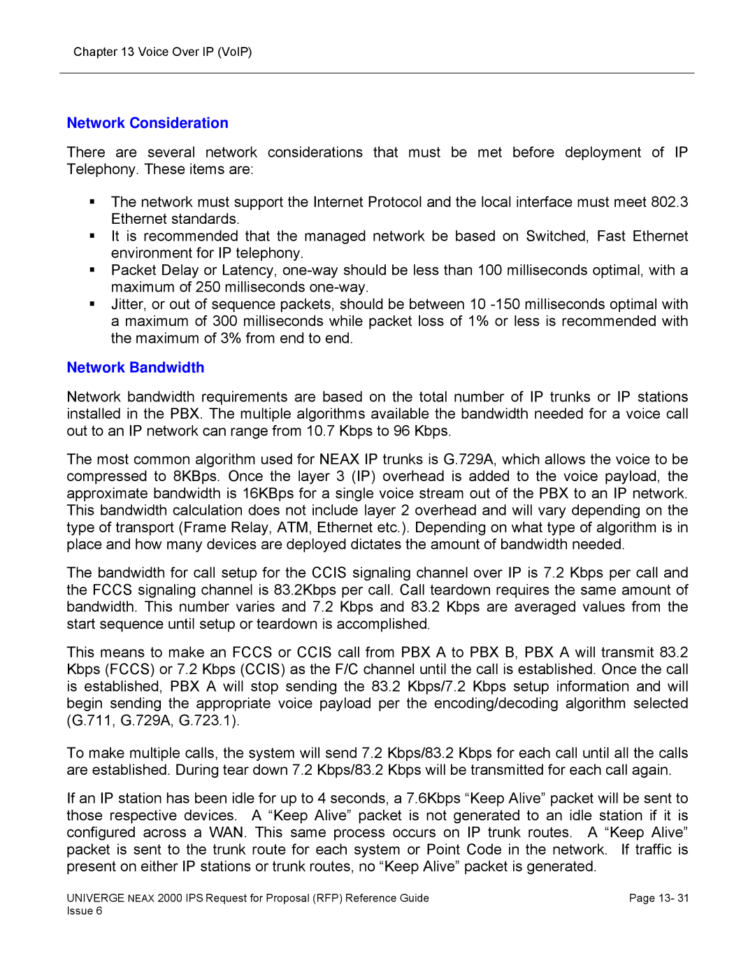 NEC 2000 IPS manual Network Consideration, Network Bandwidth 