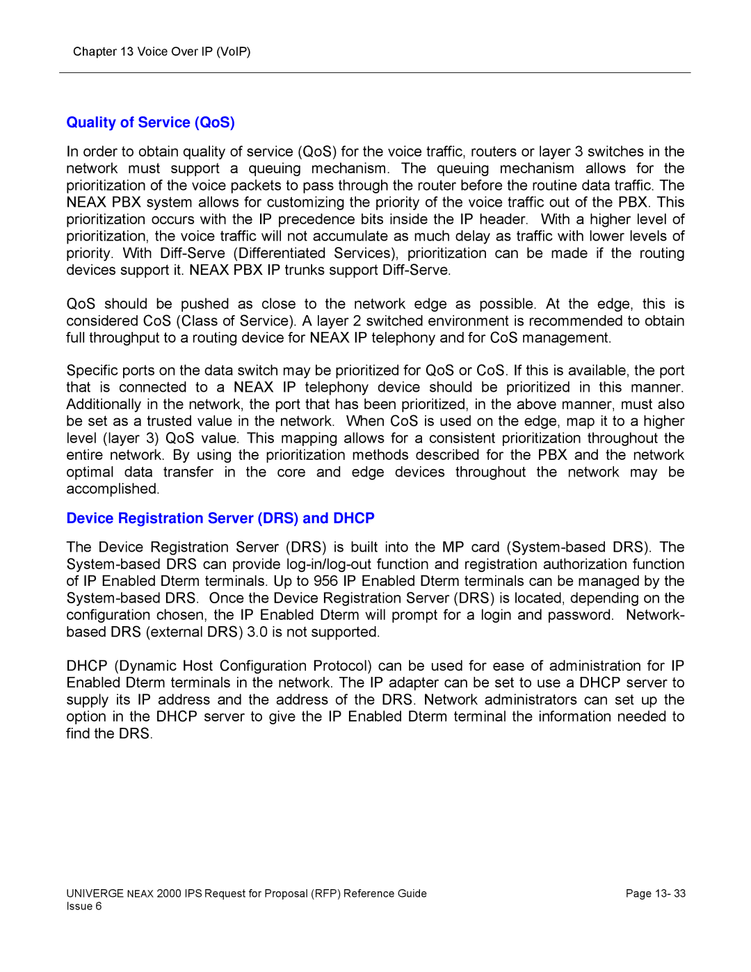 NEC 2000 IPS manual Quality of Service QoS, Device Registration Server DRS and Dhcp 