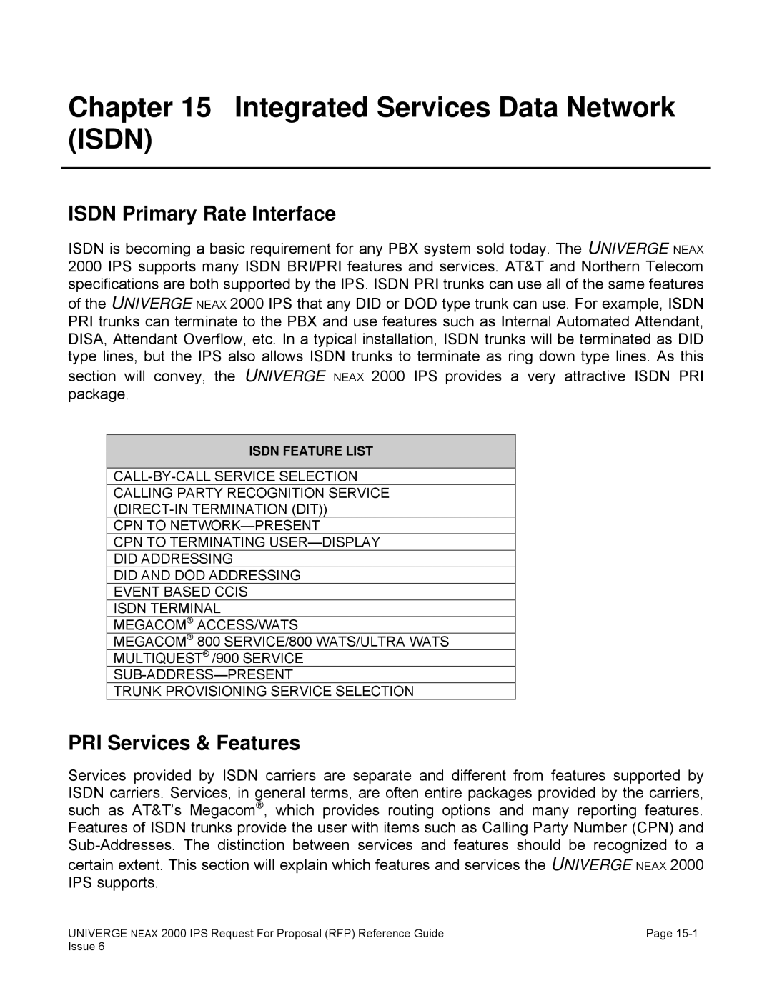 NEC 2000 IPS manual Integrated Services Data Network Isdn, Isdn Primary Rate Interface, PRI Services & Features 