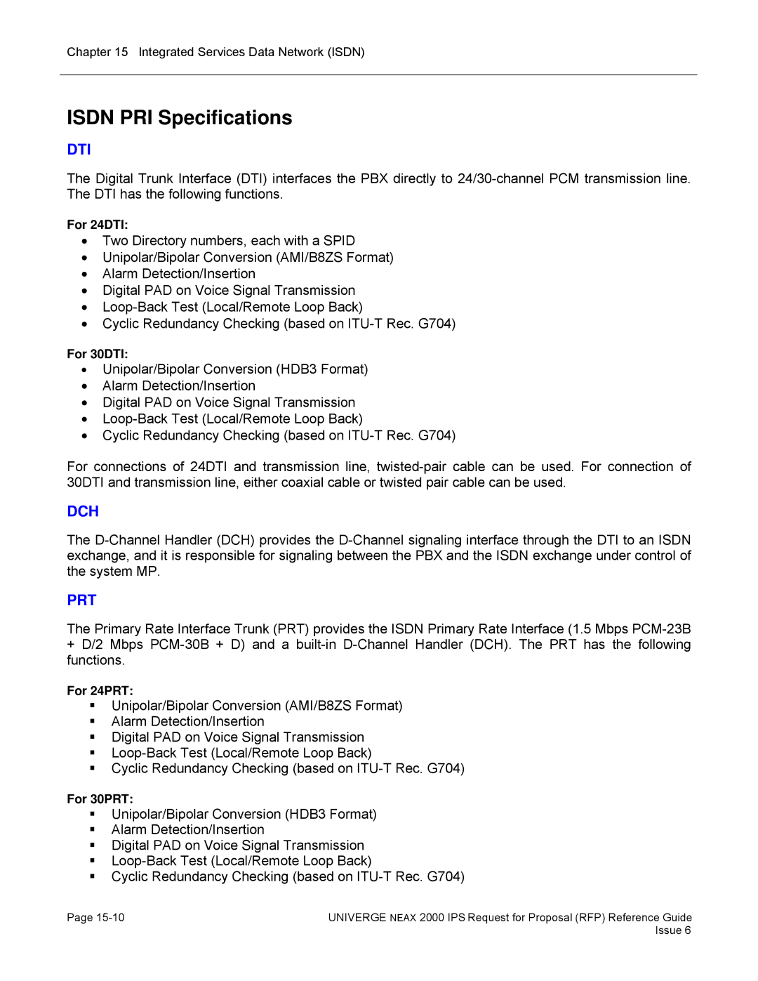 NEC 2000 IPS manual Isdn PRI Specifications, For 24DTI, For 30DTI, For 24PRT, For 30PRT 