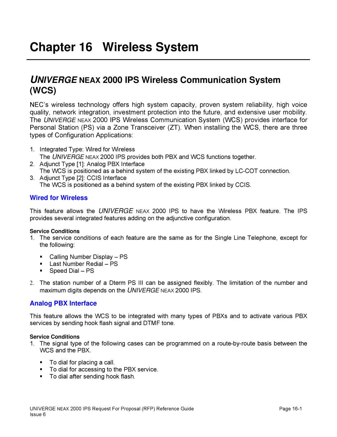 NEC Wireless System, Univerge Neax 2000 IPS Wireless Communication System WCS, Wired for Wireless, Analog PBX Interface 