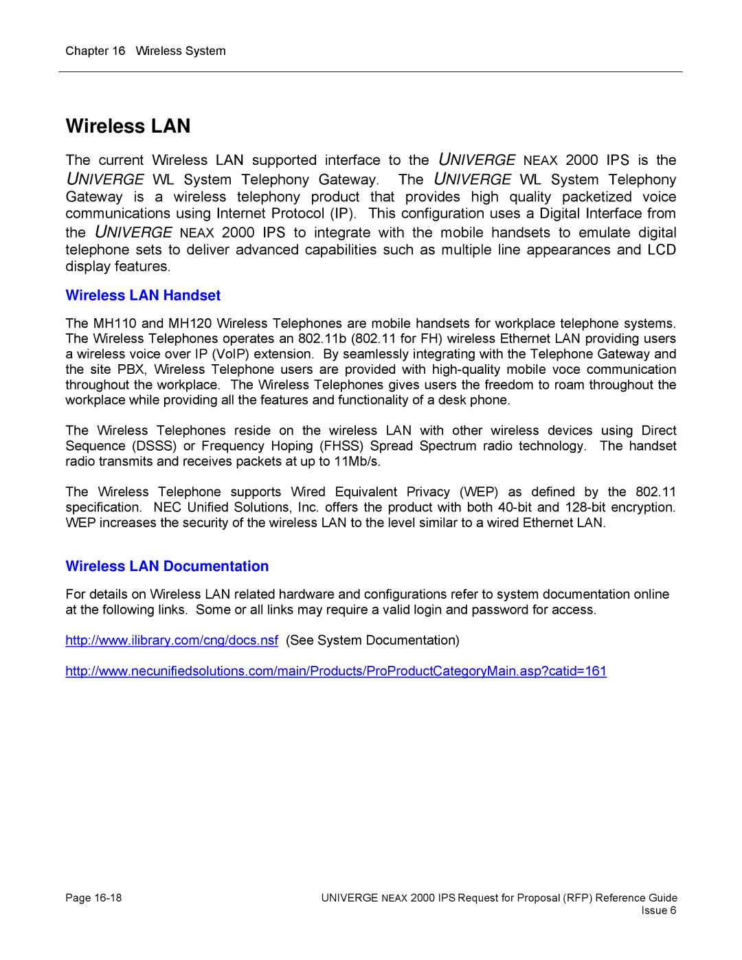 NEC 2000 IPS manual Wireless LAN Handset, Wireless LAN Documentation 