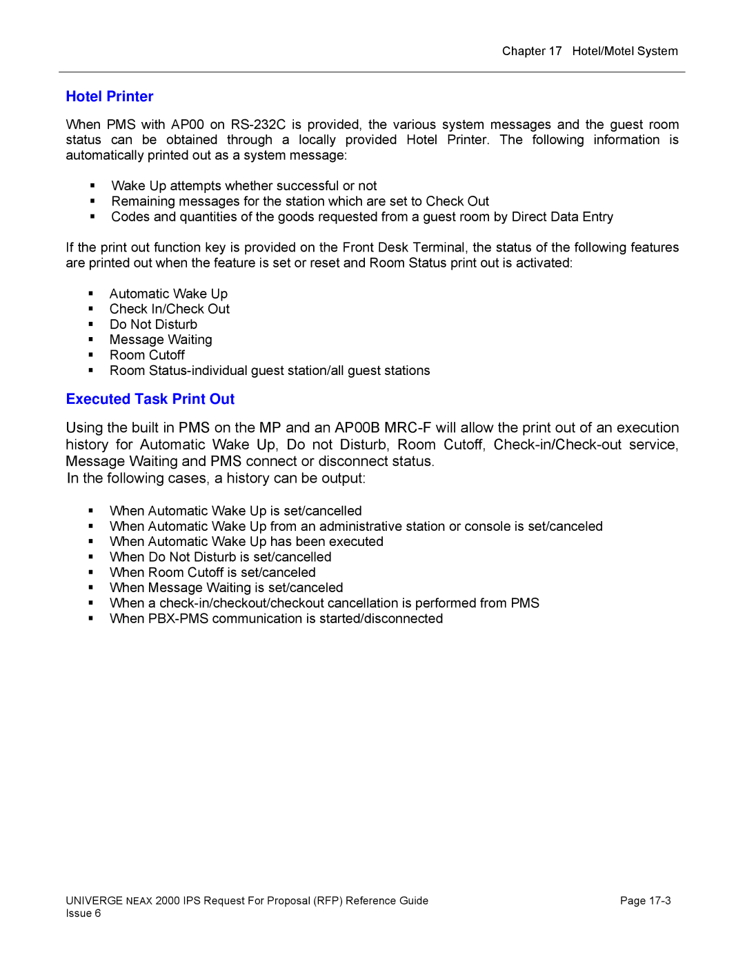 NEC 2000 IPS manual Hotel Printer, Executed Task Print Out 