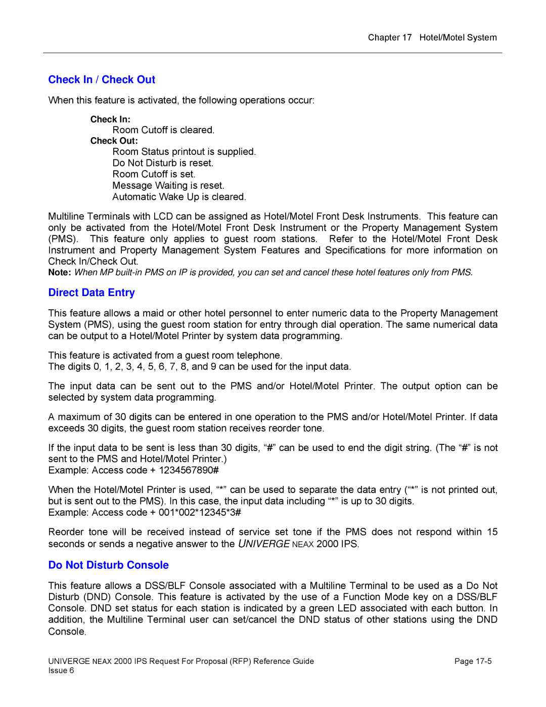 NEC 2000 IPS manual Check In / Check Out, Direct Data Entry, Do Not Disturb Console 